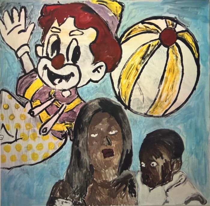 Pintura de traço infantil com palhaço de cabelos vermelhos acenando, bola de praia amarela e branca, uma mulher e uma criança.